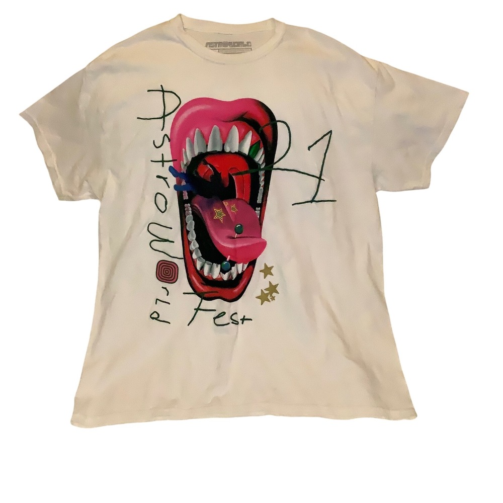 Travis Scott Astroworld Festival 2021 Mouth Graphic T-Shirt White Mens Large